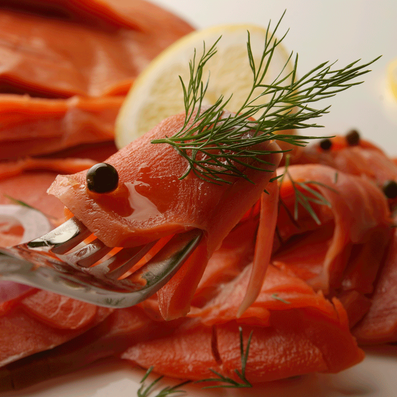 Cold smoked Sockeye Salmon Lox plated