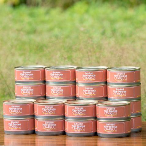 Taku Fisheries Smoked Pink Salmon can with crackers