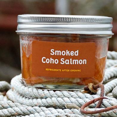 Smoked Coho Salmon in glass jar with crackers