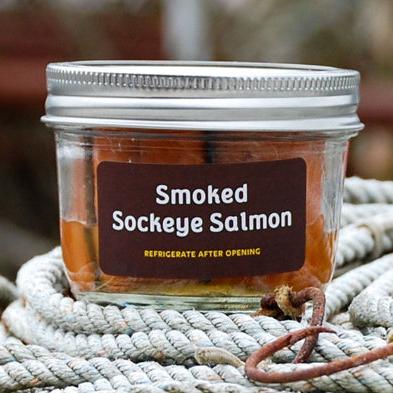 Three smoked salmon jars Coho Sockeye Red King