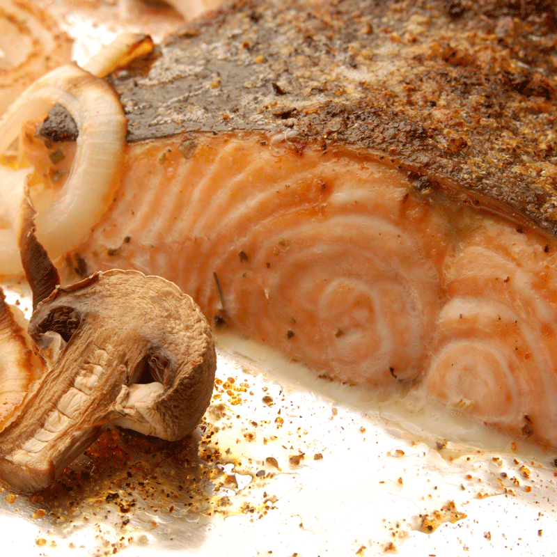 Cooked King Salmon fillet portion, flaky pink flesh