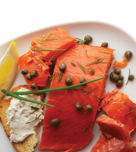 Hot smoked Alaskan King Salmon (Chinook), deep red flesh