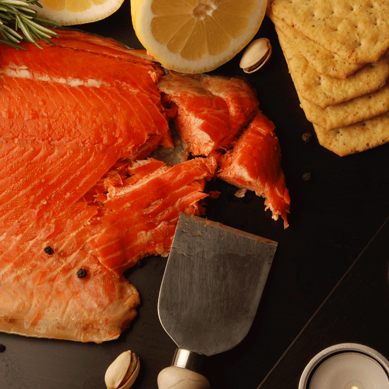 Hot smoked wild Alaskan Sockeye Salmon, deep red