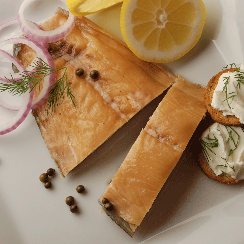 Hot smoked White King Salmon portion close-up