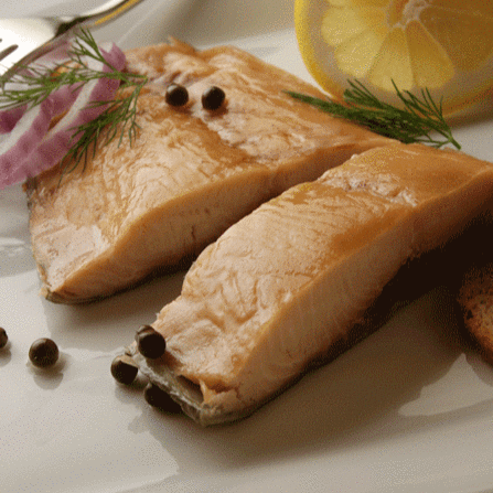 Hot smoked rare White King Salmon, ivory flesh