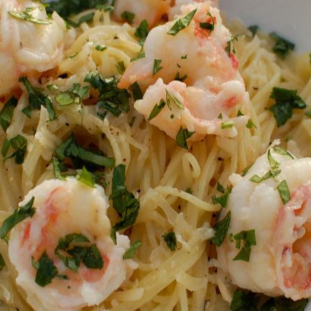 Jumbo Alaskan Spot Prawns over pasta